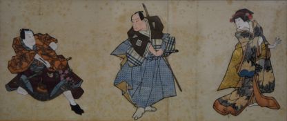 A vintage Japanese collage depicting Samurai Warriors and a Geisha, framed and glazed.