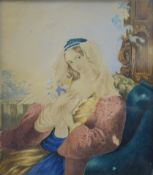 CONTINENTAL SCHOOL (19th century), A Lady Holding a Dove, watercolour, framed and glazed. 12 x 13.