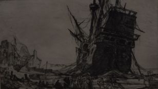 WHICKLESS, The Golden Hind, etching, framed and glazed. 29 x 17.5 cm.