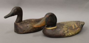 Two vintage wooden decoy ducks. The largest 36 cm long.