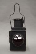 A British Rail Midlands Railway lamp with red glass, burner, etc. 51 cm high overall.