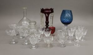A Victorian ruby red lustre, together with a large quantity of wine glasses, decanter, etc.