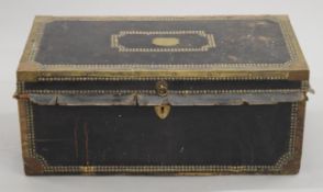 An antique leather and brass studded box. 74.5 cm wide.