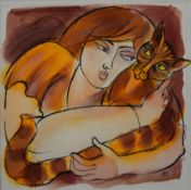 A Woman and Her Cat, watercolour and gouache, signed with initials M.E and dated '10, mounted only.