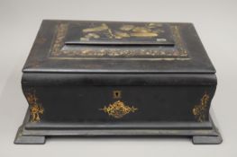A Victorian mother-of-pearl inlaid papier mache sewing box. 31 cm wide.