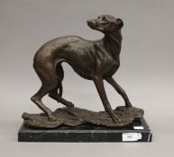 After MENE, a bronze model of a greyhound, mounted on marble plinth base. 32 cm high.