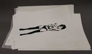 Ten various prints, including After Banksy's Sexy Girl, Johnny Rotten and Jimi Hendrix.