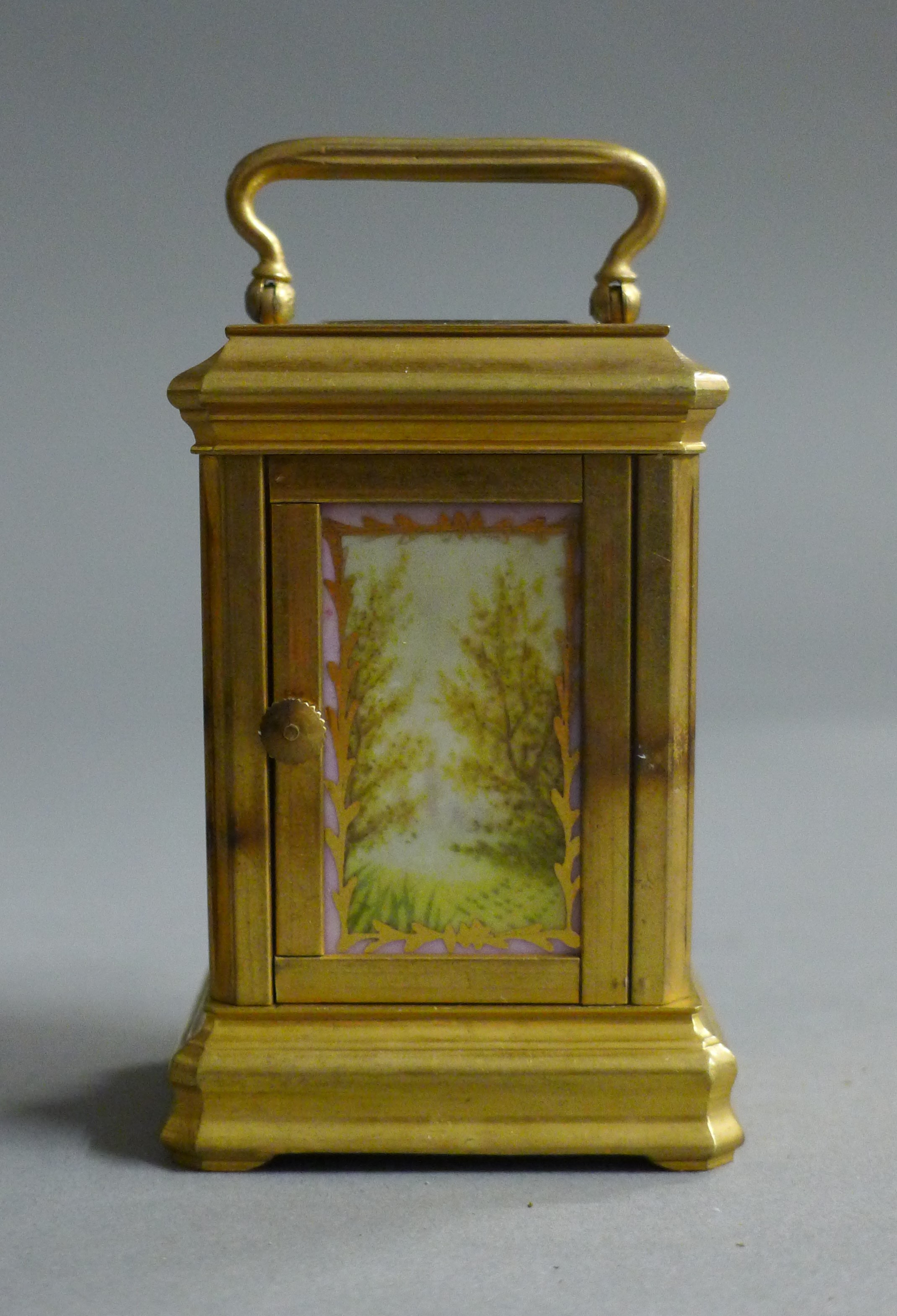 A miniature carriage clock set with porcelain panels. 9 cm high. - Image 4 of 6