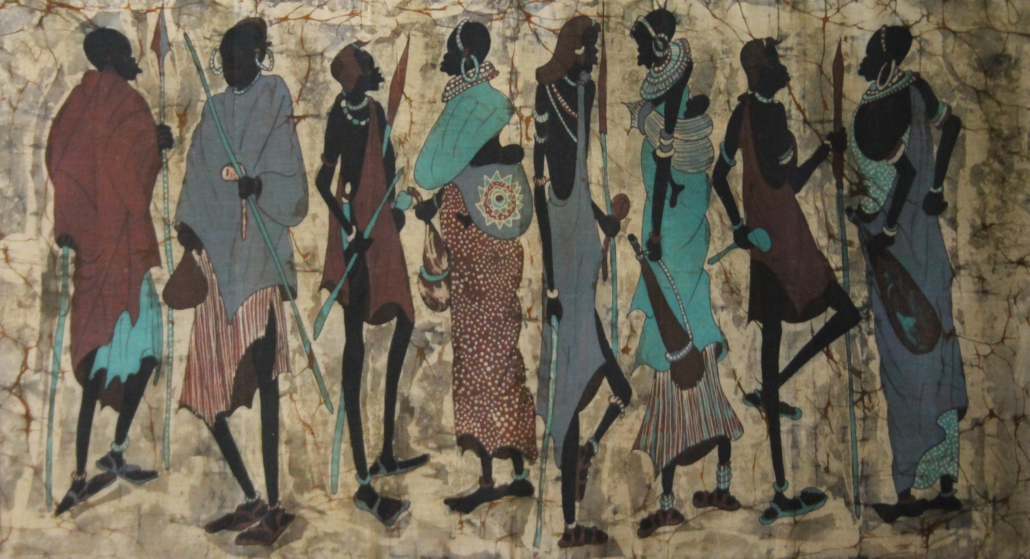 EAST AFRICAN SCHOOL, Tribesmen and Women, print on fabric, framed. 136 x 75 cm.