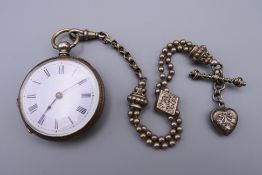 An 800 silver pocket watch and chain. Watch 4 cm diameter, chain 21 cm long.