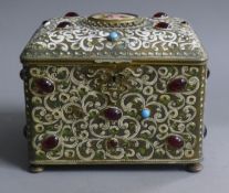 A 19th century French cabochon and porcelain plaque inset brass casket. 19.5 cm wide.