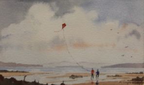 K DAY, Kite Flying on the Beach, watercolour, signed, framed and glazed. 15 x 9.5 cm.