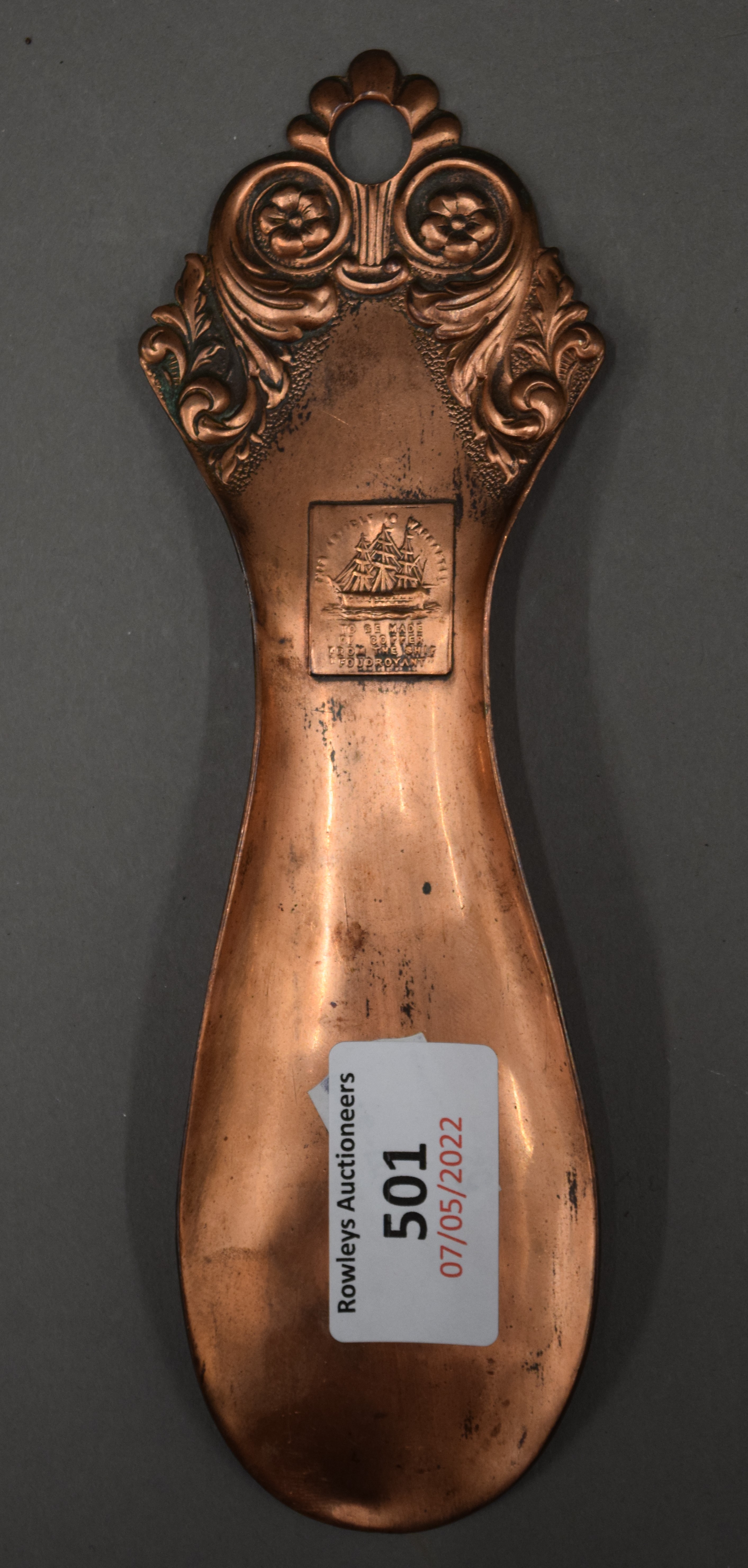 A rare shoe horn made from copper from HMS Foudroyant. 18.5 cm long. - Image 2 of 4