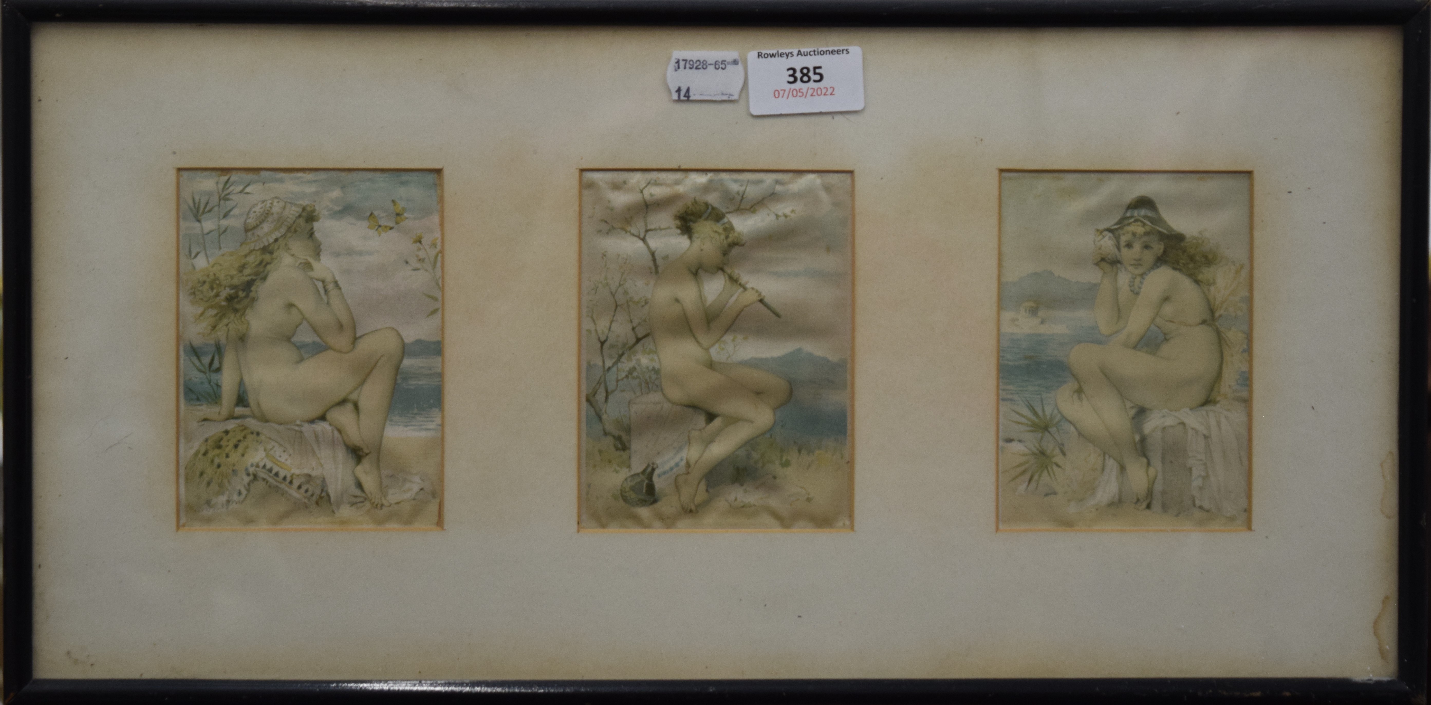 Three silk pictures of nymphs, housed in a common frame. 47 x 23.5 cm overall.