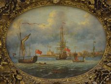 A pair of ornate framed oils on canvas of Naval Shipping Scenes. 56 x 46 cm overall.