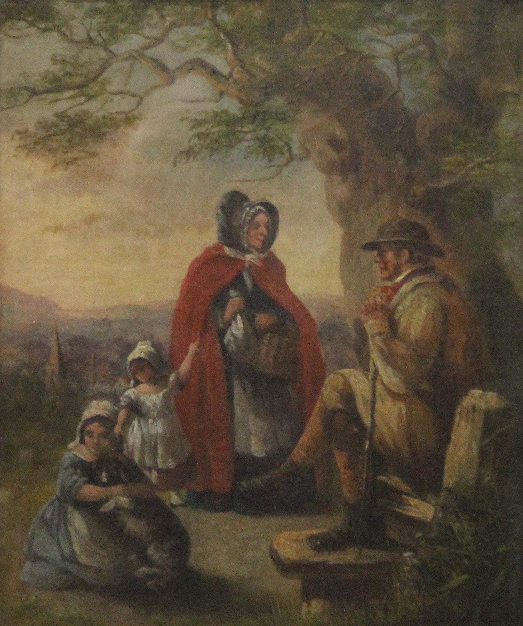 19TH CENTURY SCHOOL, Family in Landscape Woman in Red Cloak, oil on canvas, framed and glazed.