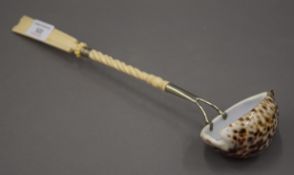 A 19th century cowrie shell, bone and ivory punch ladle. 36 cm long.