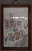 A framed Chinese painted porcelain panel (reverse of the frame decorated with figures). 33 x 49.