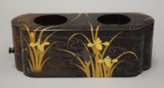 A Japanese lacquered boxed sake set. 19 cm long.