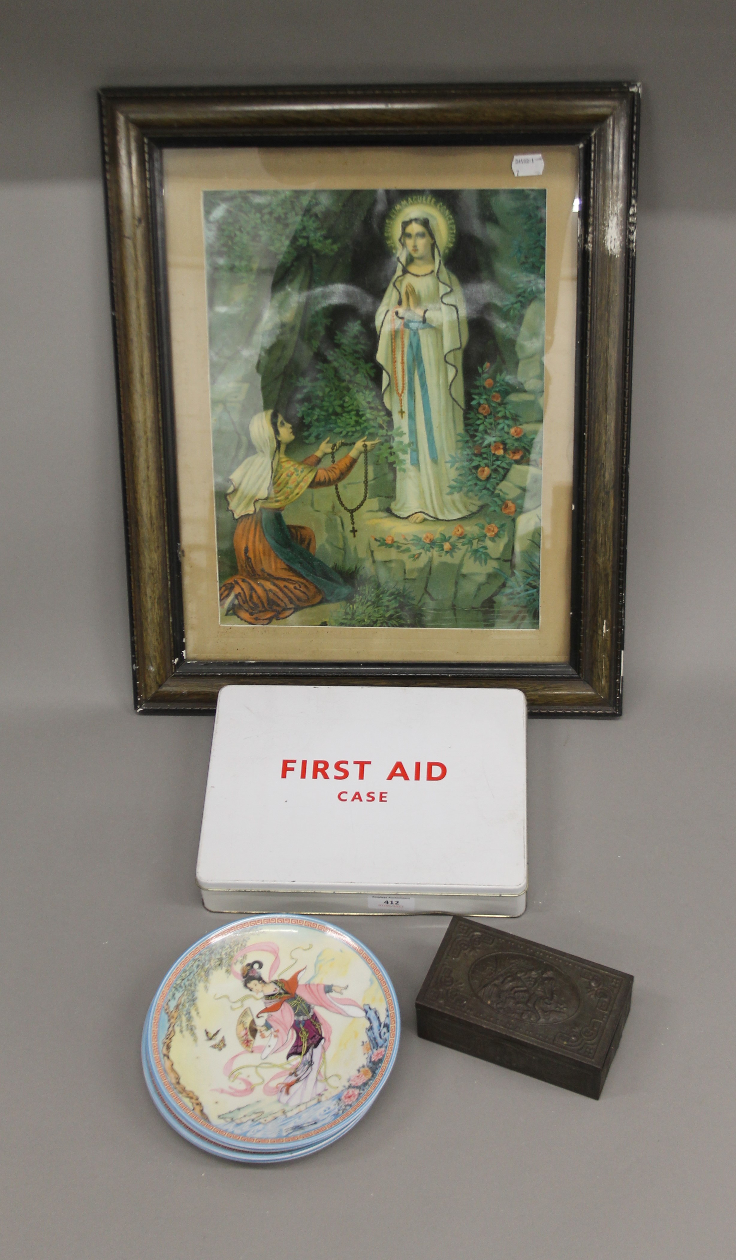 A set of four limited edition Chinese plates, an early 19th century framed Religious print,