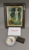 A set of four limited edition Chinese plates, an early 19th century framed Religious print,