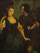 19TH CENTURY, Courting Couple, a reverse print on glass, housed in an ebonised frame. 33 x 40.