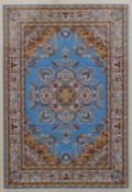 A pair of framed silk carpet samples. Overall 28 cm x 39 cm.