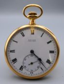 An 18 ct gold Simmons of Cheltenham pocket watch. 4.75 diameter. 59 grammes total weight.