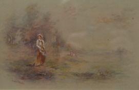 Girl and Children in Landscape, watercolour, signed JAMES STINTON, framed and glazed. 20.5 x 13.