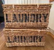 Two vintage wicker laundry baskets, both marked LAUNDRY, and MILTON.
