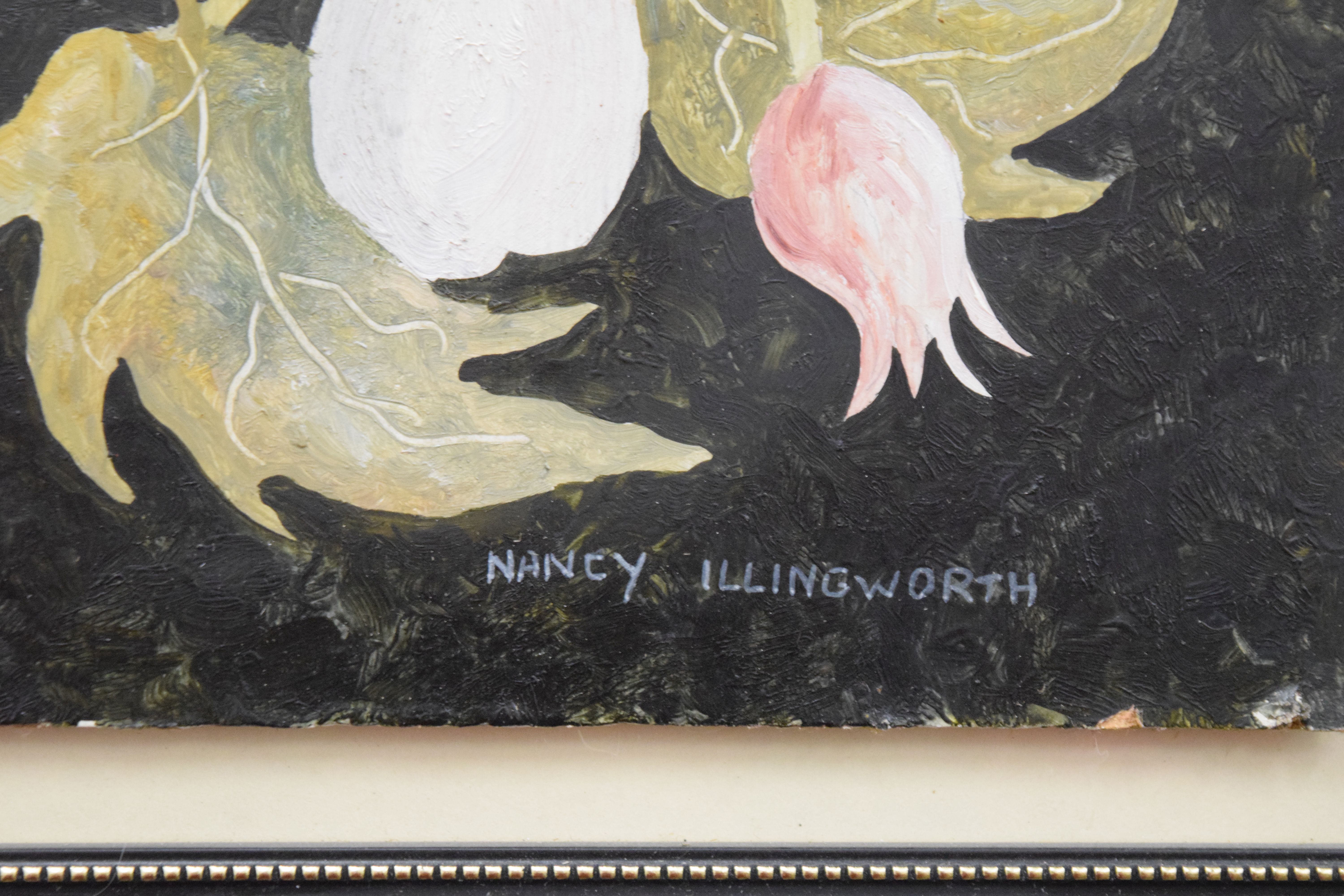 NANCY ILLINGWORTH, two floral oils on panel, mounted on a frame. 25.5 x 30 cm. - Bild 3 aus 5