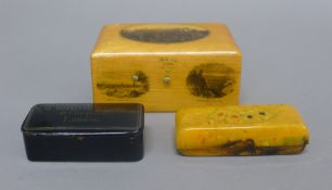 A mauchlinware box, a snuff box and a counter box.