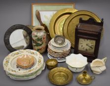 A quantity of miscellaneous items, including porcelain, pewter mirror, a mantle clock, etc.