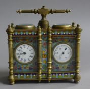 A cloisonne double carriage clock/barometer. 12.5 cm wide.
