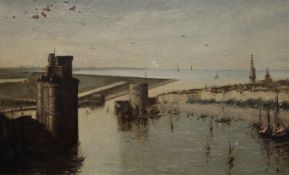 19TH CENTURY SCHOOL, Harbour Scene, possibly Russia, oil on mahogany board, framed. 46 x 28.5 cm.