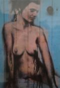 JOE STONEMAN, Seated Nude on Turquoise Door, print, signed, framed and glazed. 29 x 44.5 cm.