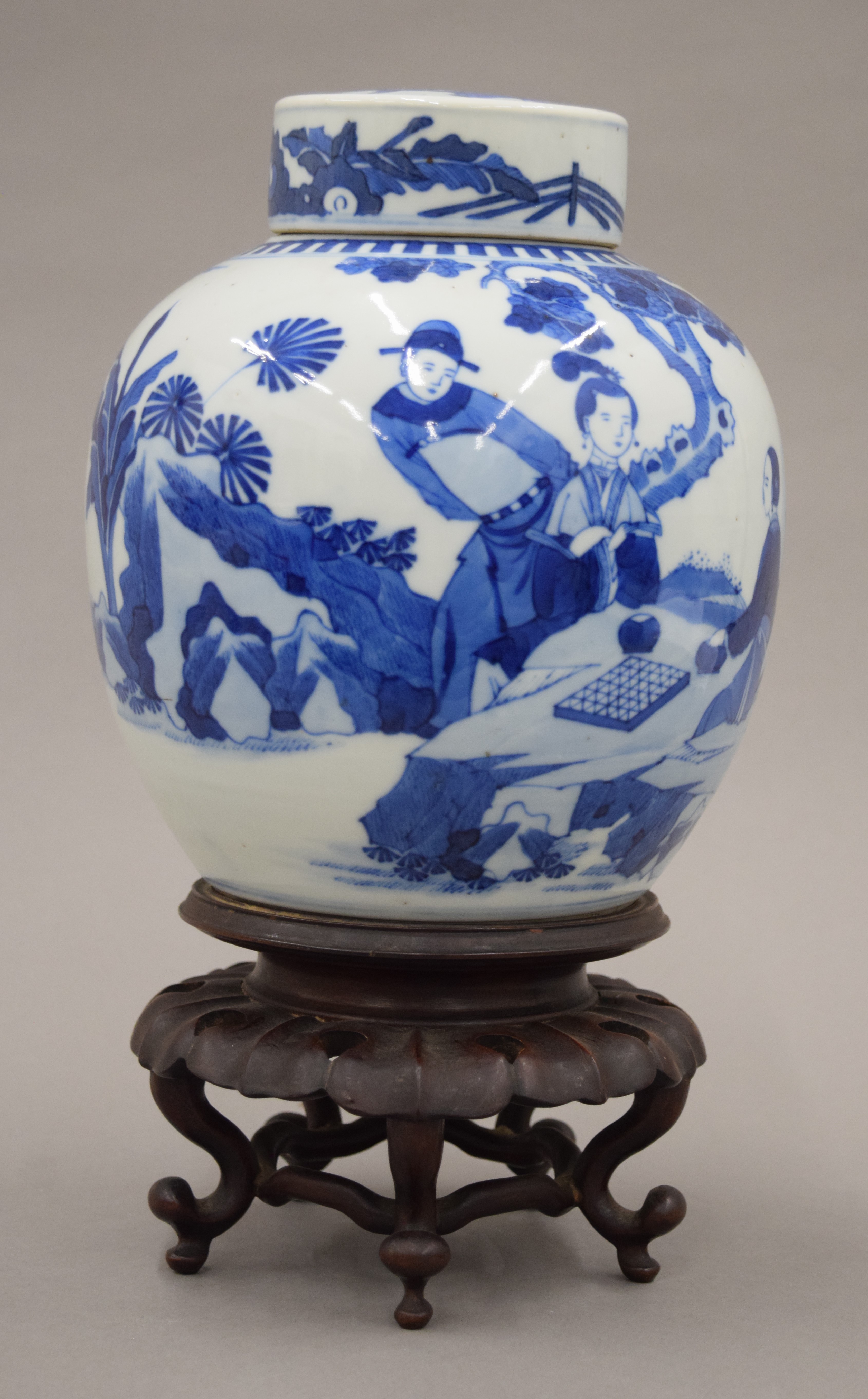 A 19th century Chinese porcelain ginger jar mounted on a wooden stand. - Image 2 of 9