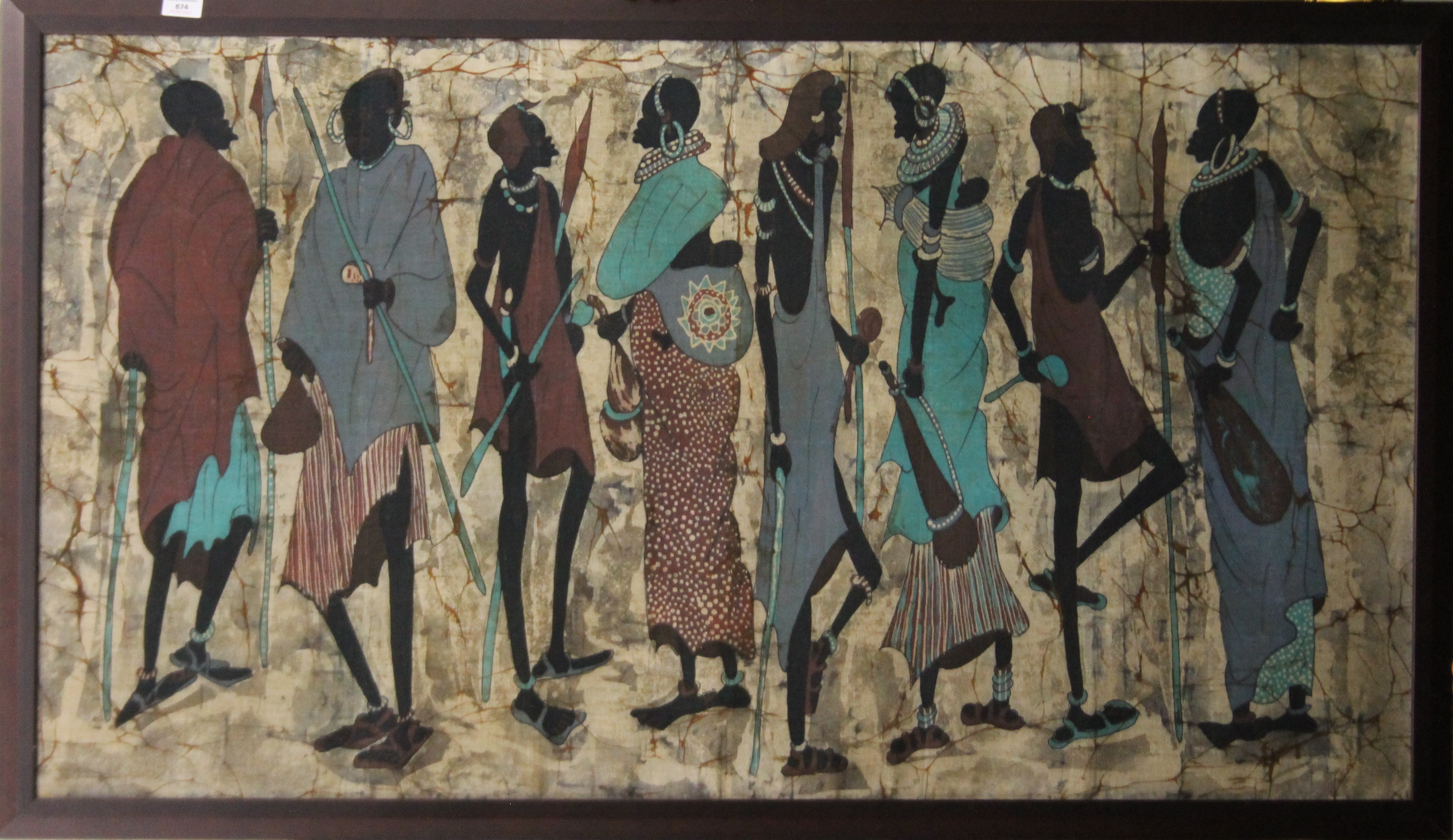 EAST AFRICAN SCHOOL, Tribesmen and Women, print on fabric, framed. 136 x 75 cm. - Image 2 of 3