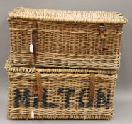 Two vintage wicker laundry baskets, one marked MILTON, LAUNDRY and 2175, the other plain.