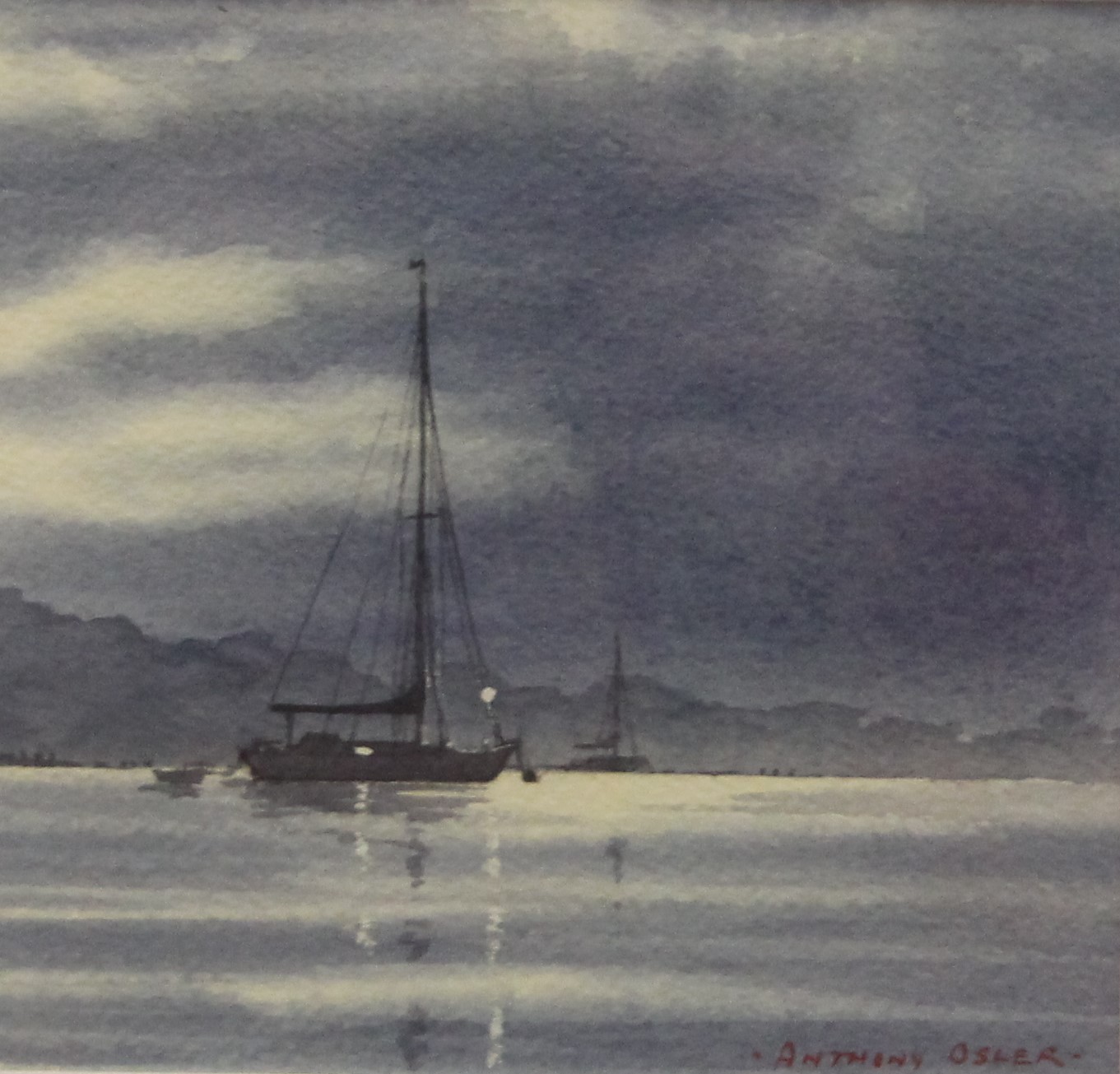 ANTHONY OSLER (born 1938), 'Boat on Water', watercolour, signed, framed and glazed. 12.5 x 12 cm.
