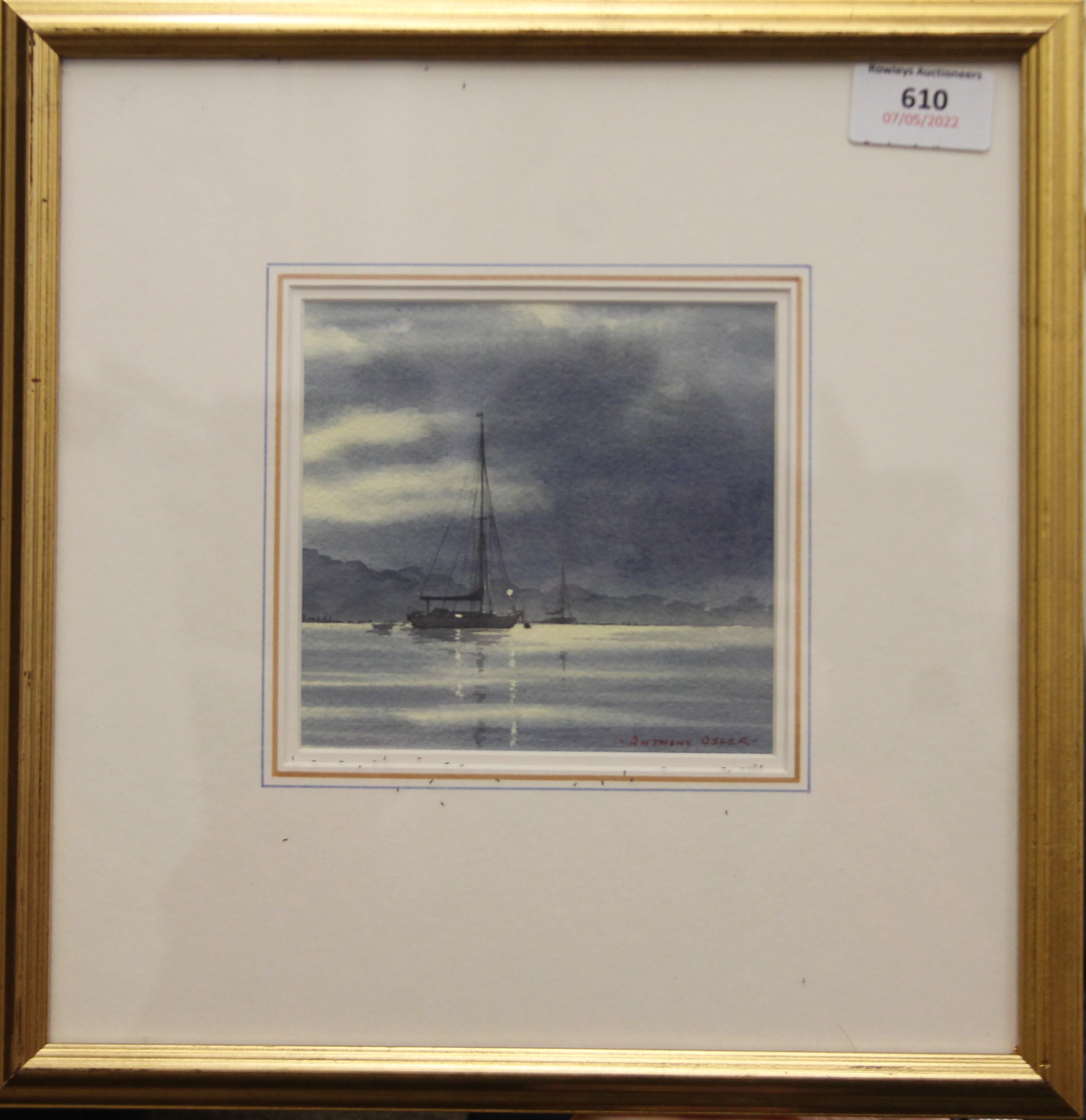 ANTHONY OSLER (born 1938), 'Boat on Water', watercolour, signed, framed and glazed. 12.5 x 12 cm. - Image 2 of 3