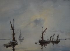 FRANK ADAMS, Spritsail Barges on the Thames, watercolour, framed and glazed. 37 x 27 cm.
