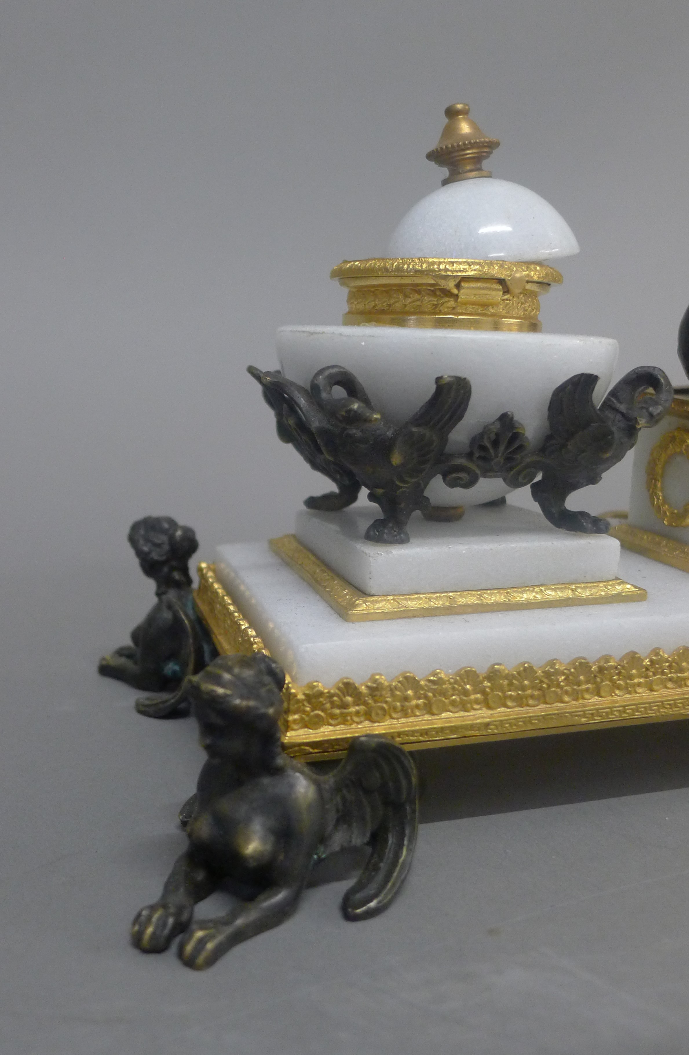 A gilt and patinated bronze mounted desk stand. 28.5 cm wide. - Image 2 of 4