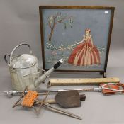 An embossed fire screen, a shooting stick, a folding shovel, a watering can, etc.