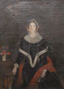 19TH CENTURY SCHOOL, Portrait of a Lady with a Vase of Flowers, oil on canvas, framed. 32.5 x 44.