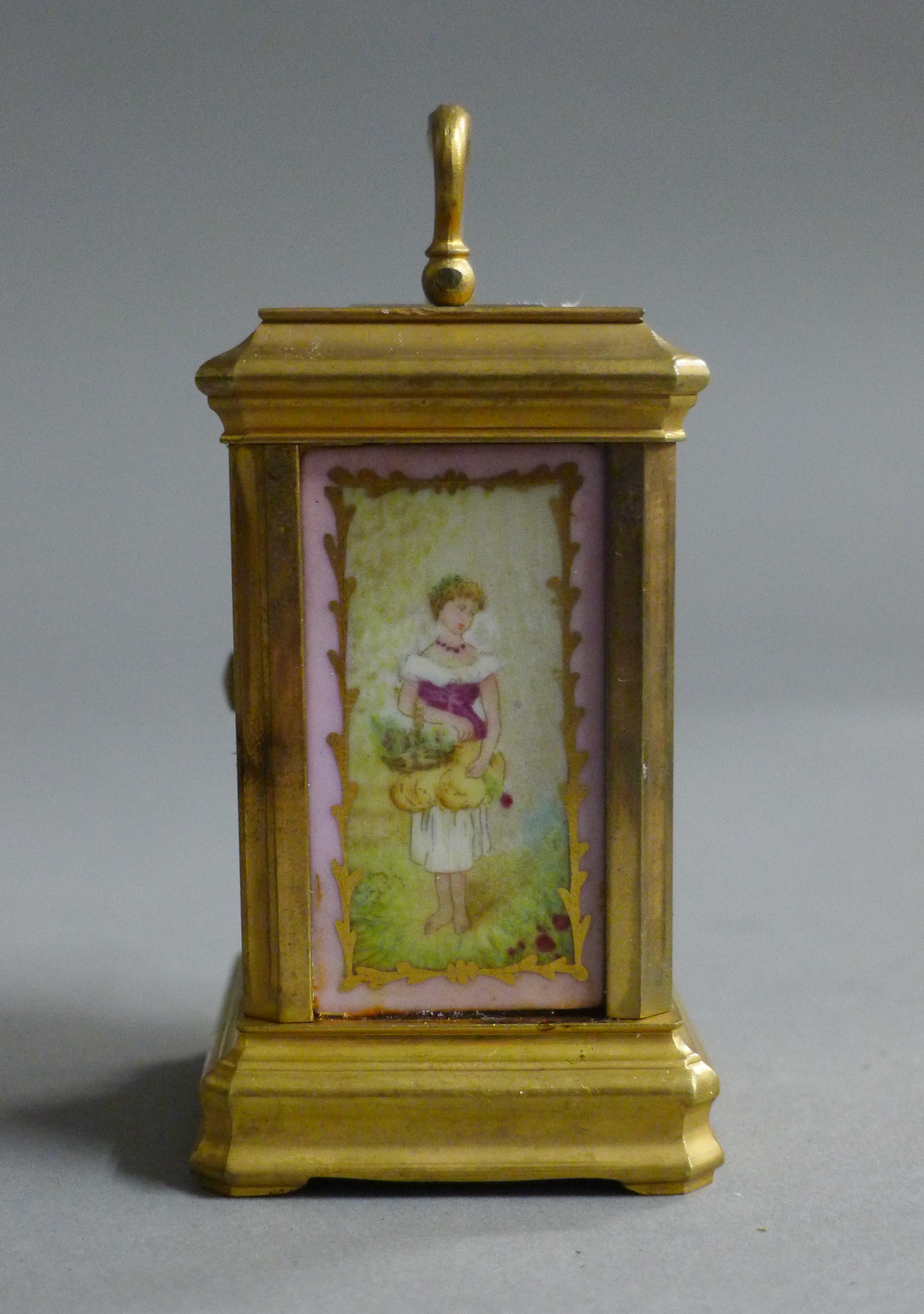 A miniature carriage clock set with porcelain panels. 9 cm high. - Image 3 of 6