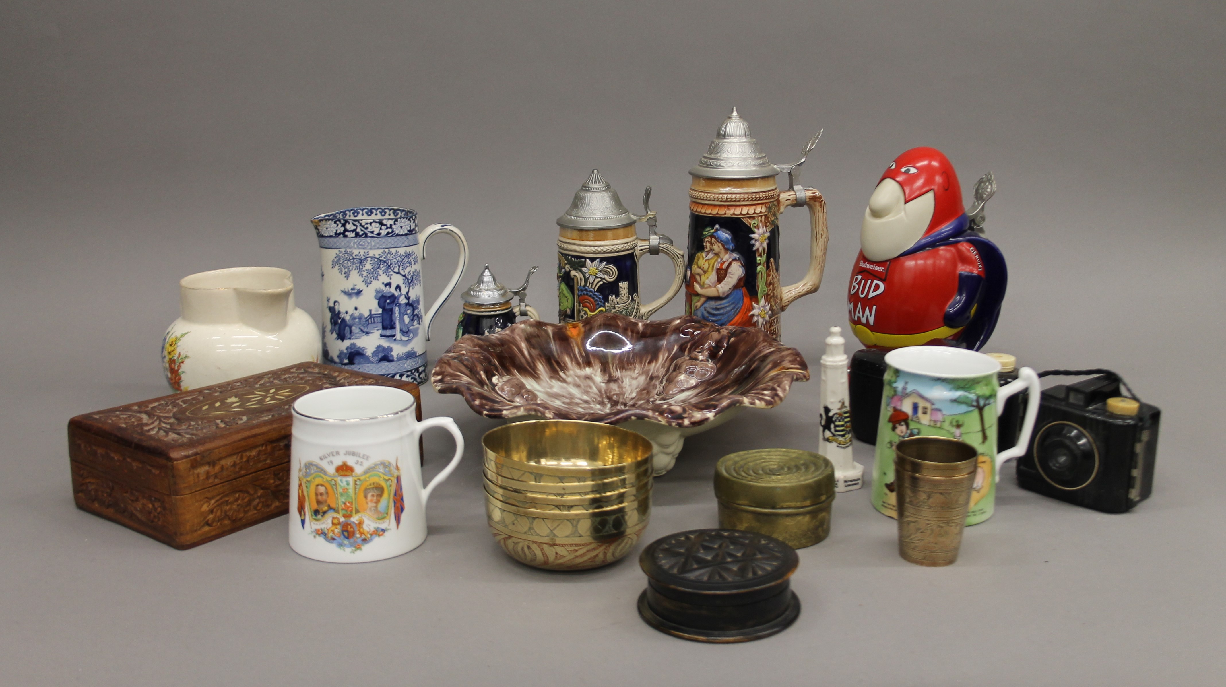 A quantity of miscellaneous, including porcelain, brassware, cameras, two carved boxes, etc.