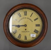 A Victorian mahogany cased dial clock, inscribed Sanders & Webber Woolwich. 33 cm diameter.