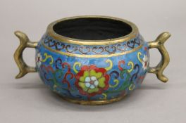 A small Chinese brass bombe cloisonne censer with simplified dragon loop handles. 16 cm wide.