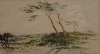 G WHULIN, Trees in the Wind, watercolour, signed, framed and glazed. 17 x 9.5 cm.